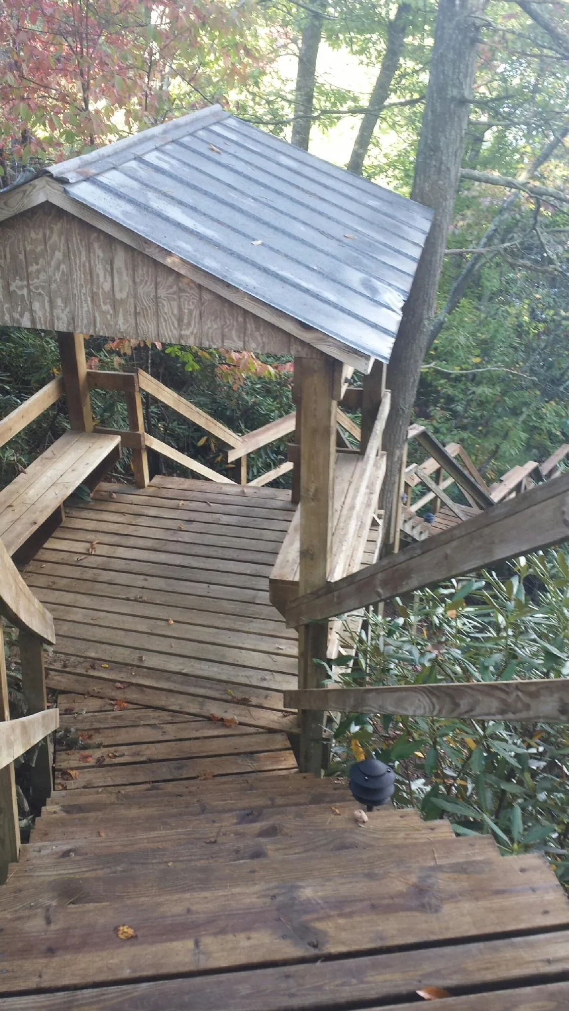 Metal roofed shelter over wooden steps on a wooded walkway — Skylight Repair & Installation work by our crew in Fresno